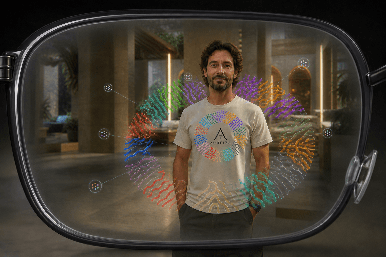 Persona con una t-shirt AUREIZA osservata attraverso una singola lente di smart glasses, con la scena AR raccolta entro il bordo ottico
